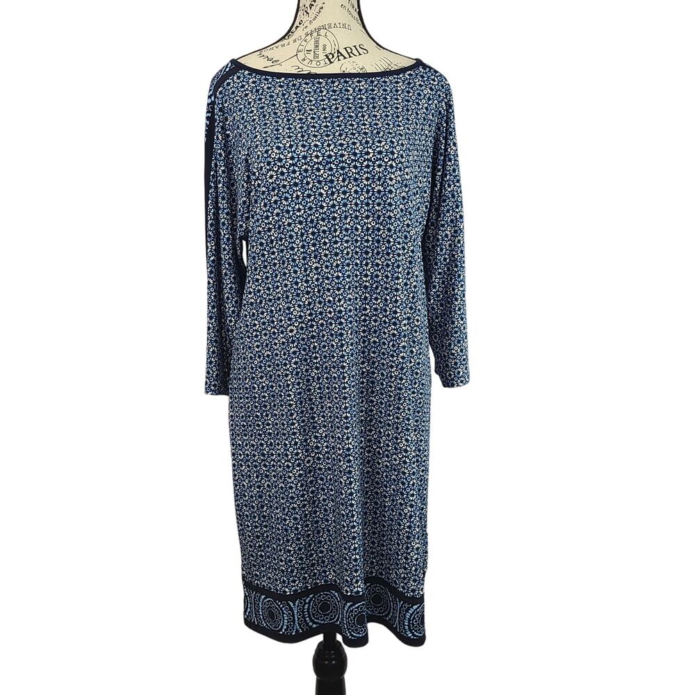 Michael Michael Kors Geometric Print Shift Dress 3/4 Dolman Sleeve Navy Blue
